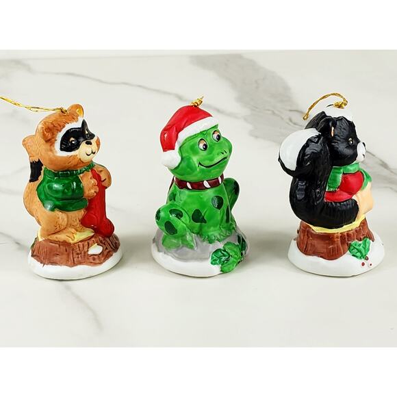 Christmas Bell Ornament Frog Racoon Skunk 3 1/4" Ceramic 1987 Taiwan x3 Holidays - Picture 10 of 15